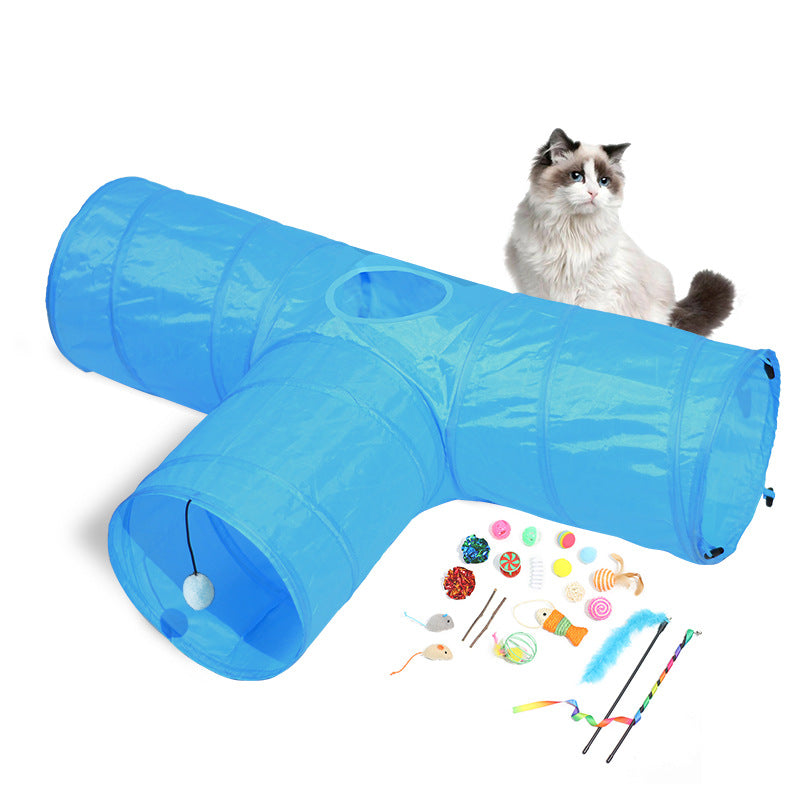Three-Way Cat Tunnel – Blue + toy set