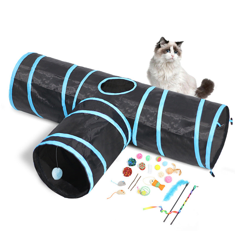 Three-Way Cat Tunnel – Black + toy set